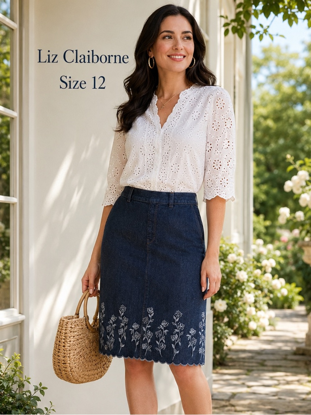 Liz Claiborne Size 12 Embroidered Denim A-Line Skirt Scalloped Hem Floral